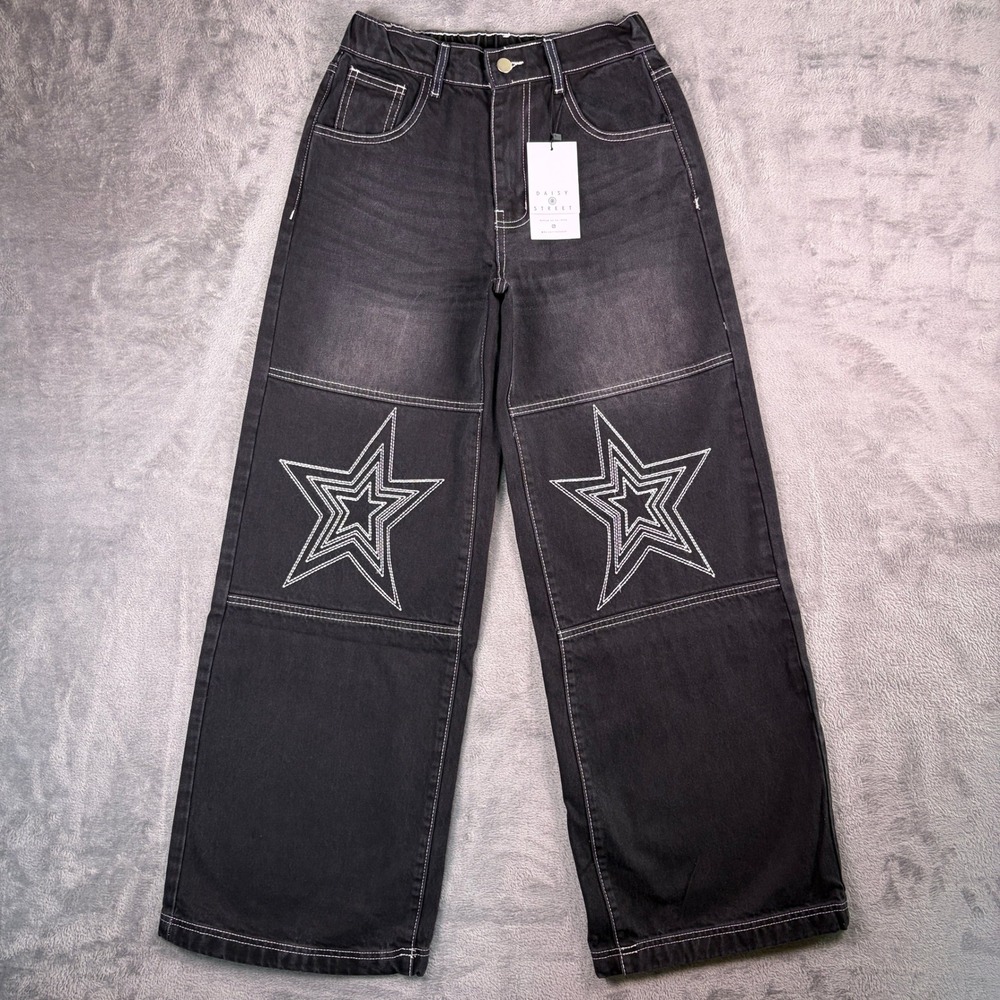 Daisy Street Wide Leg Baggy Jeans Women's 26x30 Black Star Contrast Stitch Denim